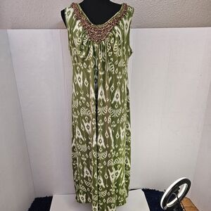 Just My Size Bead Sleeveless Jersey Maxi Dress Plus Sz 1X Green White Beach T393